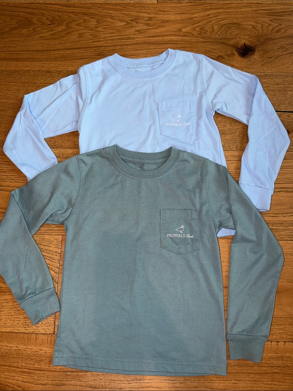Properly Tied Kids' Long-Sleeve Pocket Tees in Light Blue & Sage